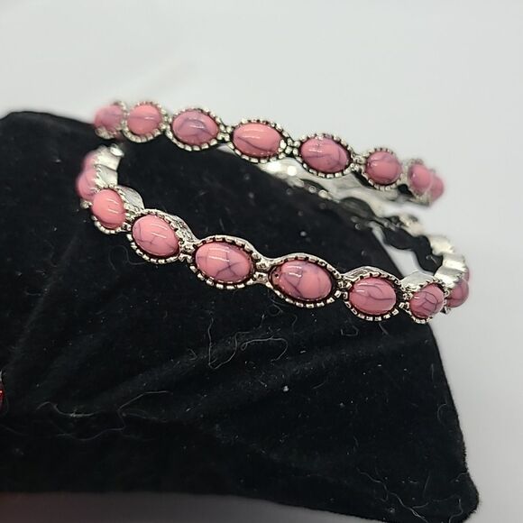 Pink Beaded Bohemian Silver Hoop Earrings Boho Native Western Tribal Jewelry - Picture 6 of 9